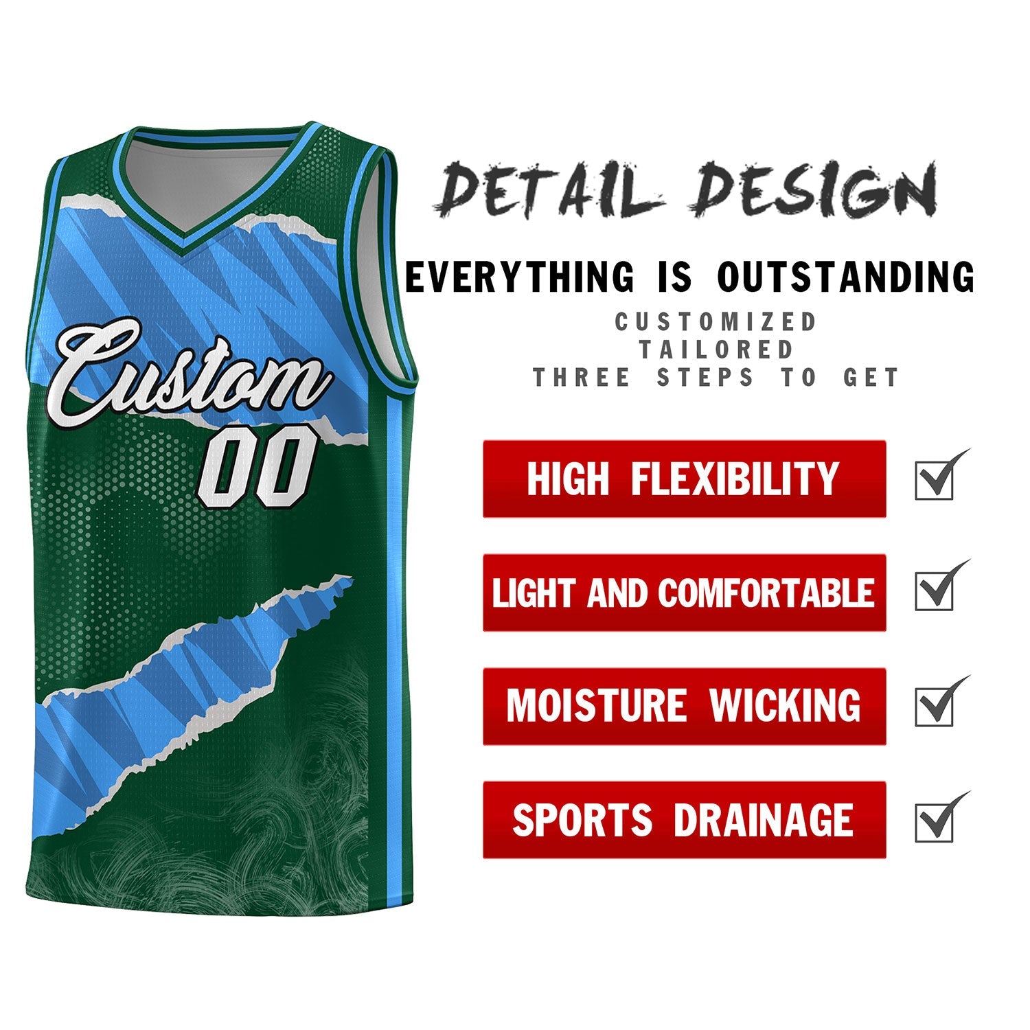 Custom Hunter Green Light Blue-Navy Tear Graffiti Pattern Sports Uniform Basketball Jersey