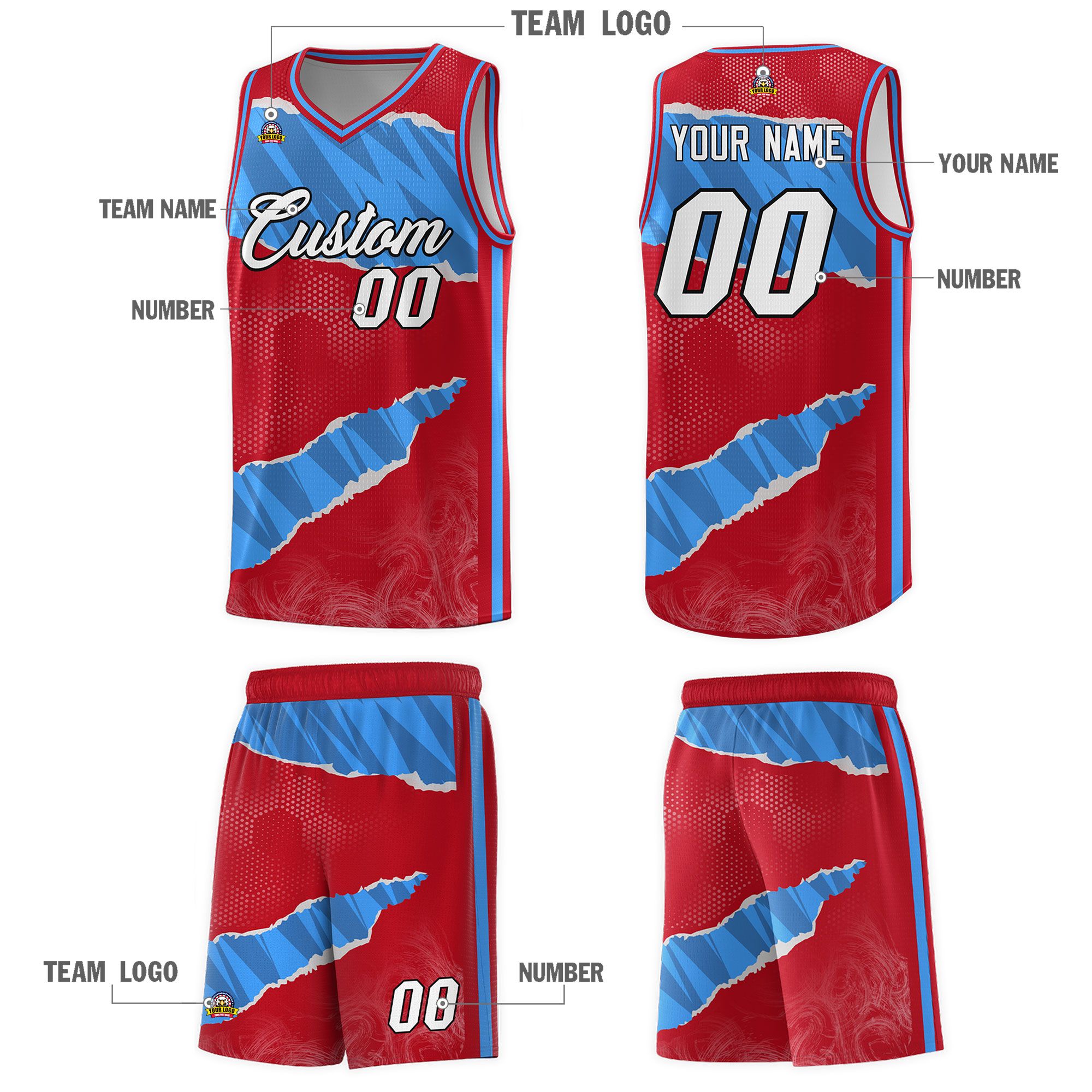 Custom Red Light Blue-Navy Tear Graffiti Pattern Sports Uniform Basketball Jersey