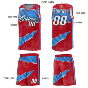 Custom Red Light Blue-Navy Tear Graffiti Pattern Sports Uniform Basketball Jersey