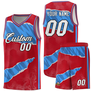 Custom Red Light Blue-Navy Tear Graffiti Pattern Sports Uniform Basketball Jersey