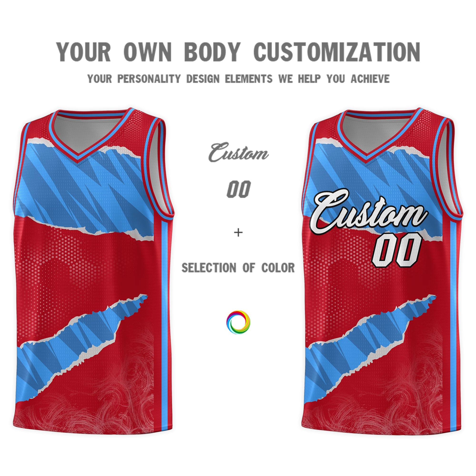 Custom Red Light Blue-Navy Tear Graffiti Pattern Sports Uniform Basketball Jersey