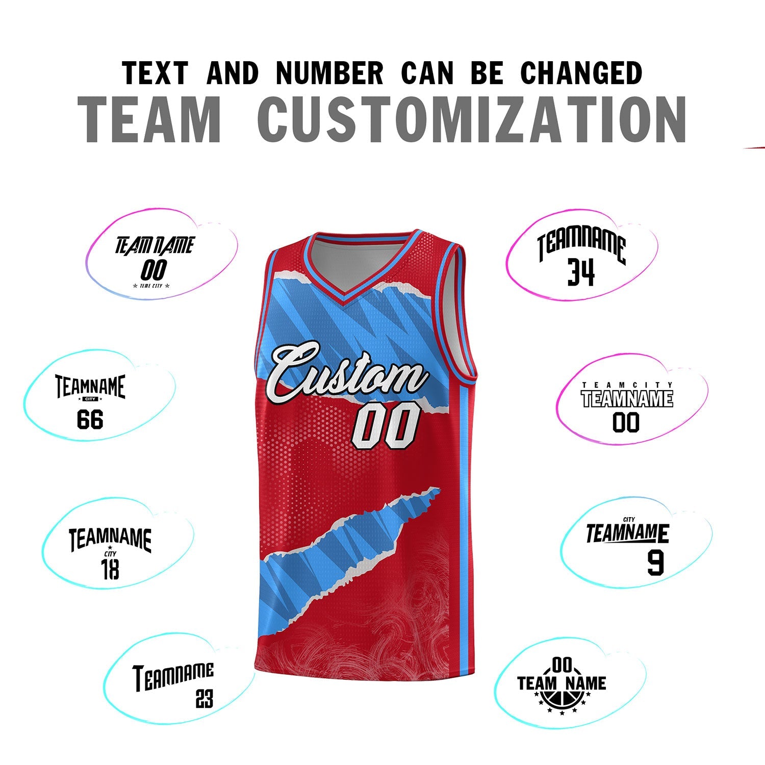 Custom Red Light Blue-Navy Tear Graffiti Pattern Sports Uniform Basketball Jersey