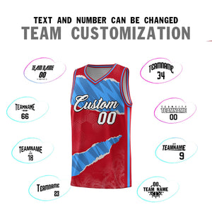 Custom Red Light Blue-Navy Tear Graffiti Pattern Sports Uniform Basketball Jersey