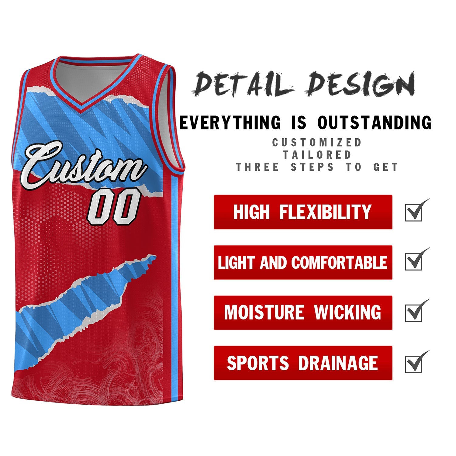 Custom Red Light Blue-Navy Tear Graffiti Pattern Sports Uniform Basketball Jersey