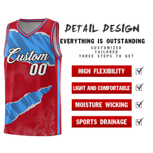 Custom Red Light Blue-Navy Tear Graffiti Pattern Sports Uniform Basketball Jersey