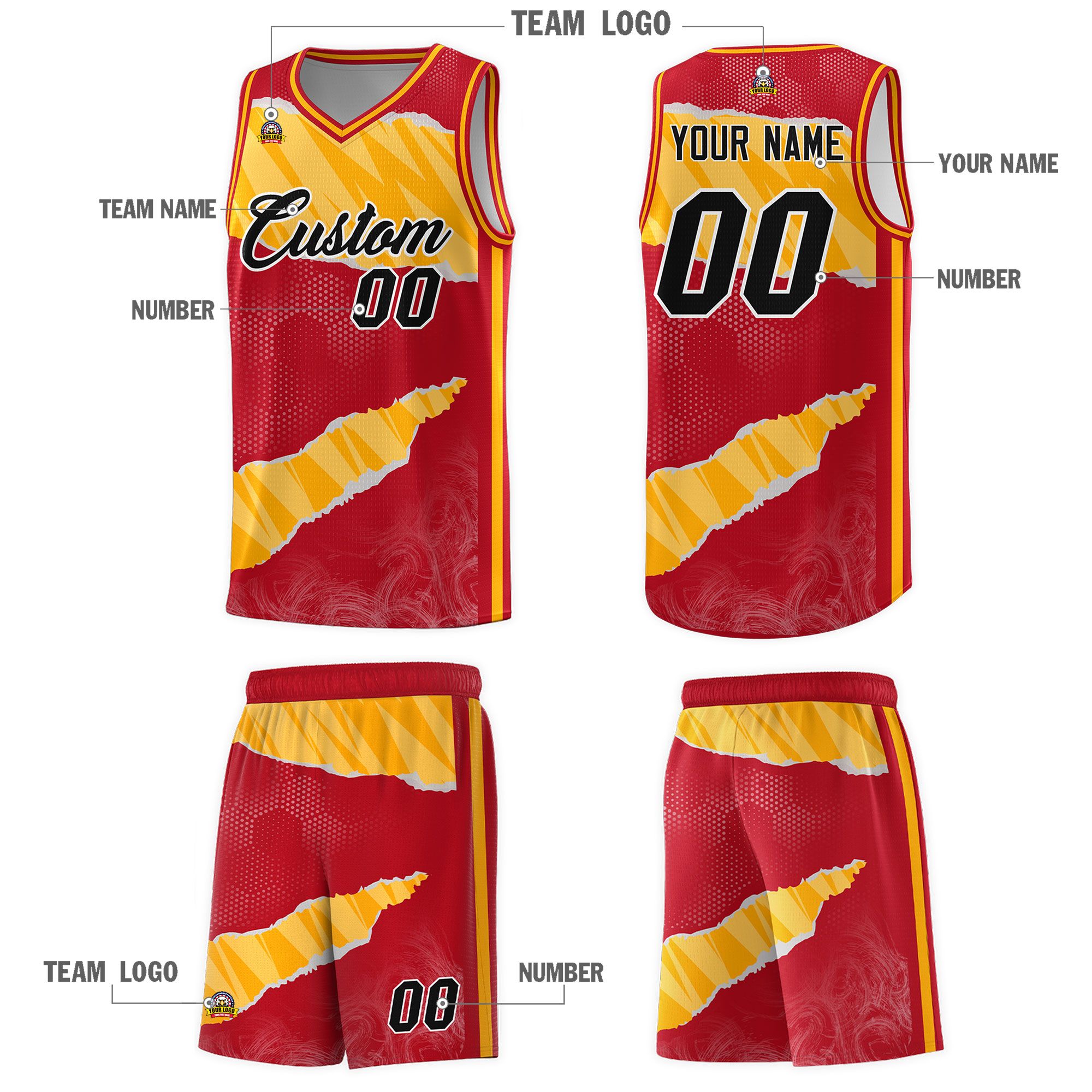 Custom Red Gold-White Tear Graffiti Pattern Sports Uniform Basketball Jersey