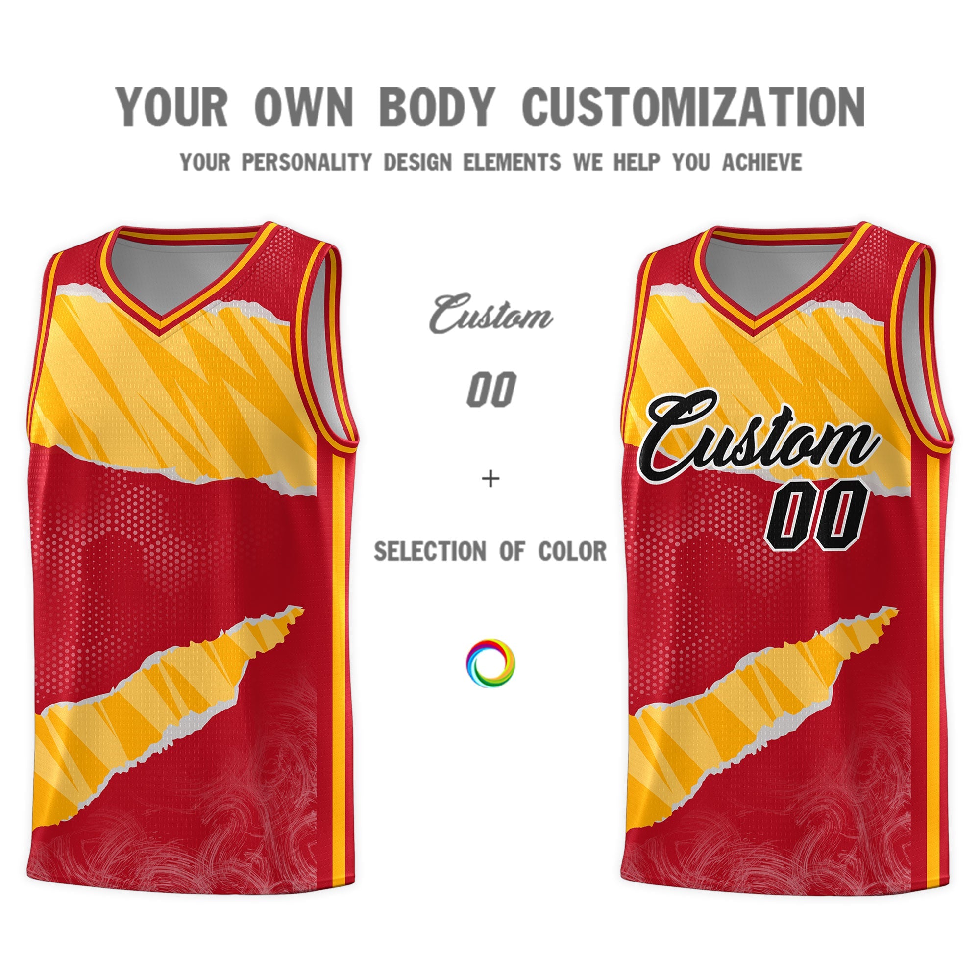 Custom Red Gold-White Tear Graffiti Pattern Sports Uniform Basketball Jersey