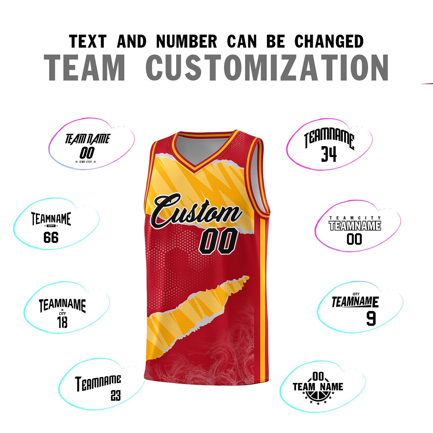 Custom Red Gold-White Tear Graffiti Pattern Sports Uniform Basketball Jersey