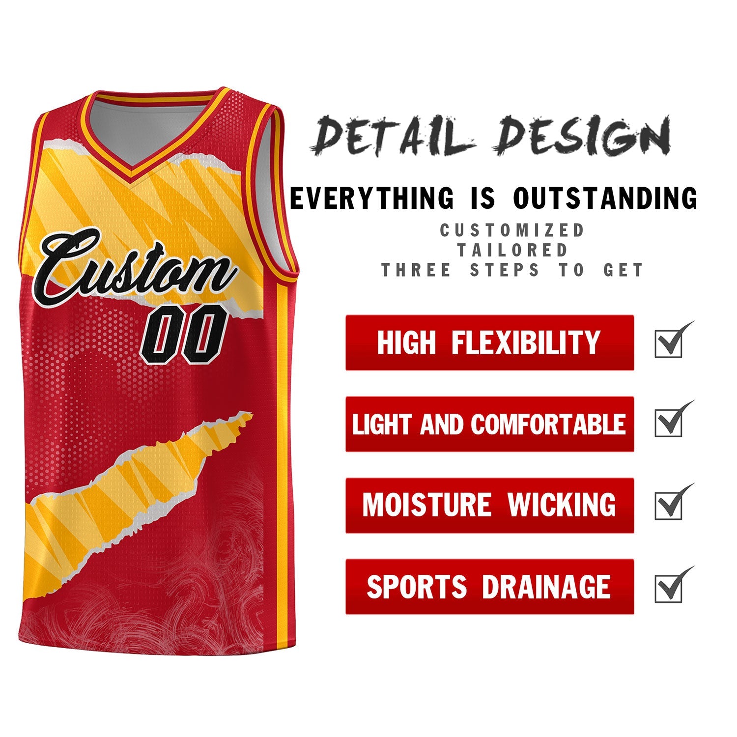 Custom Red Gold-White Tear Graffiti Pattern Sports Uniform Basketball Jersey