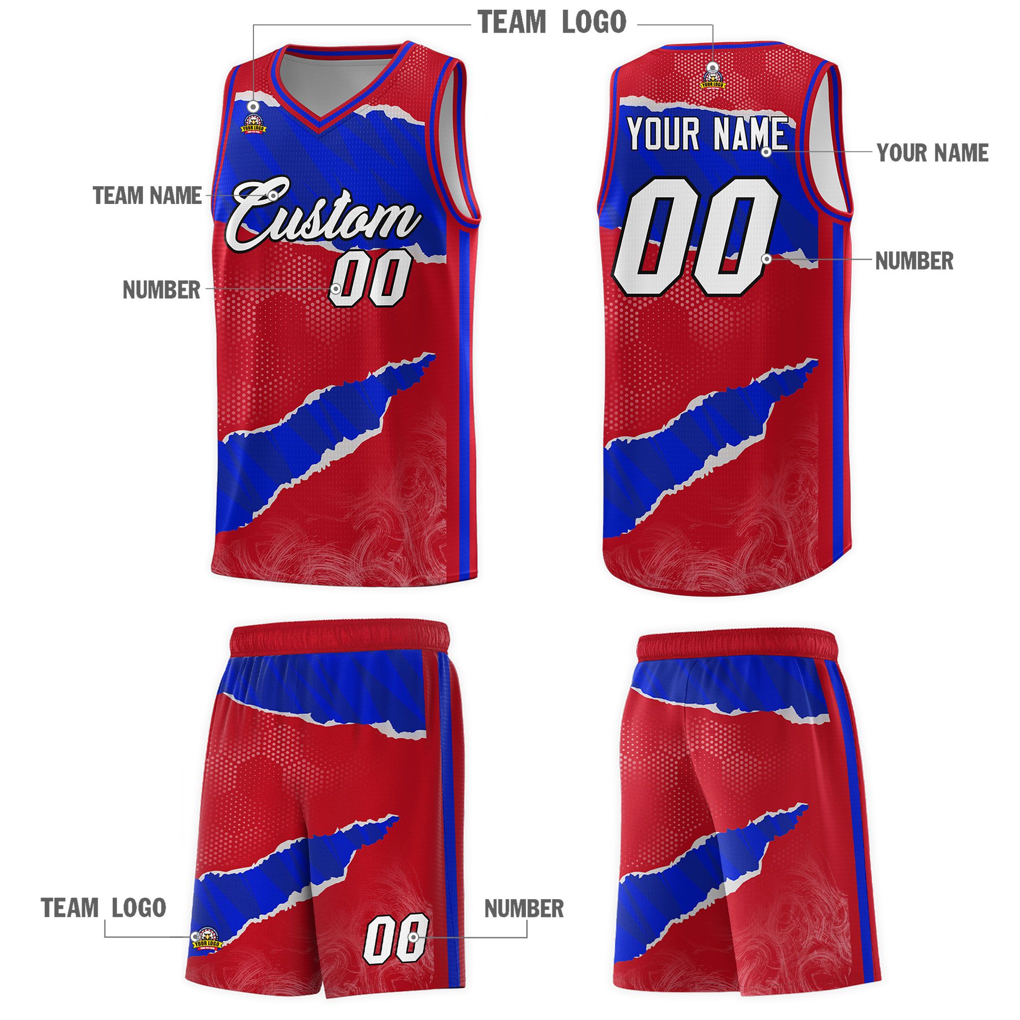 Custom Red Royal-Black Tear Graffiti Pattern Sports Uniform Basketball Jersey