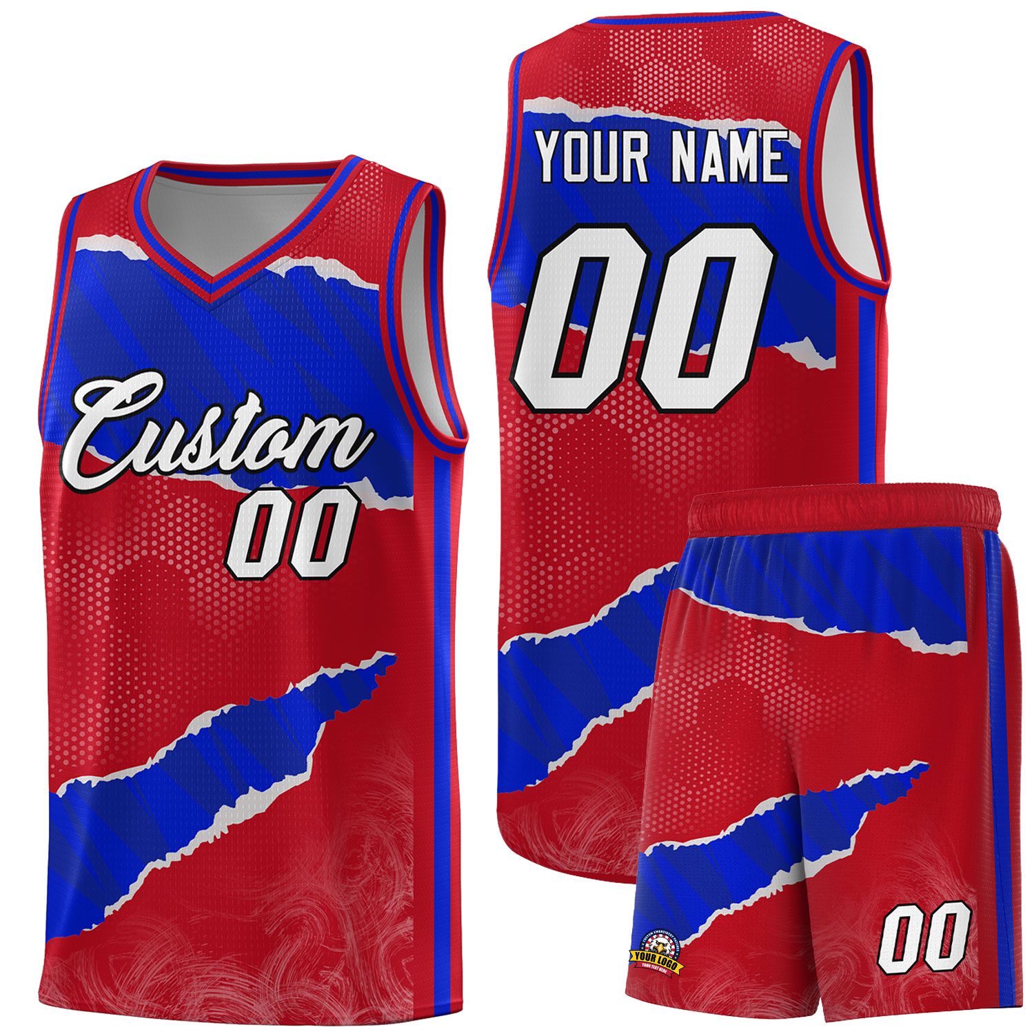 Custom Red Royal-Black Tear Graffiti Pattern Sports Uniform Basketball Jersey