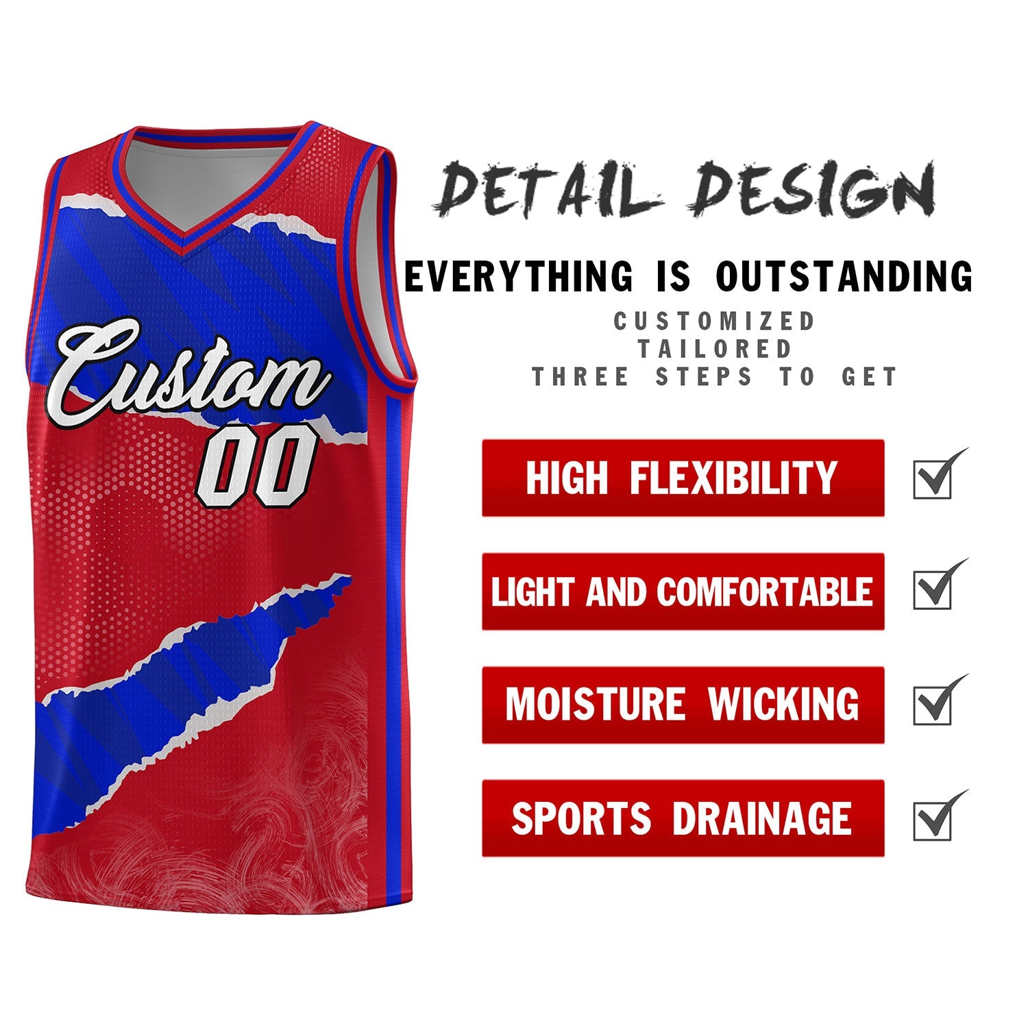 Custom Red Royal-Black Tear Graffiti Pattern Sports Uniform Basketball Jersey