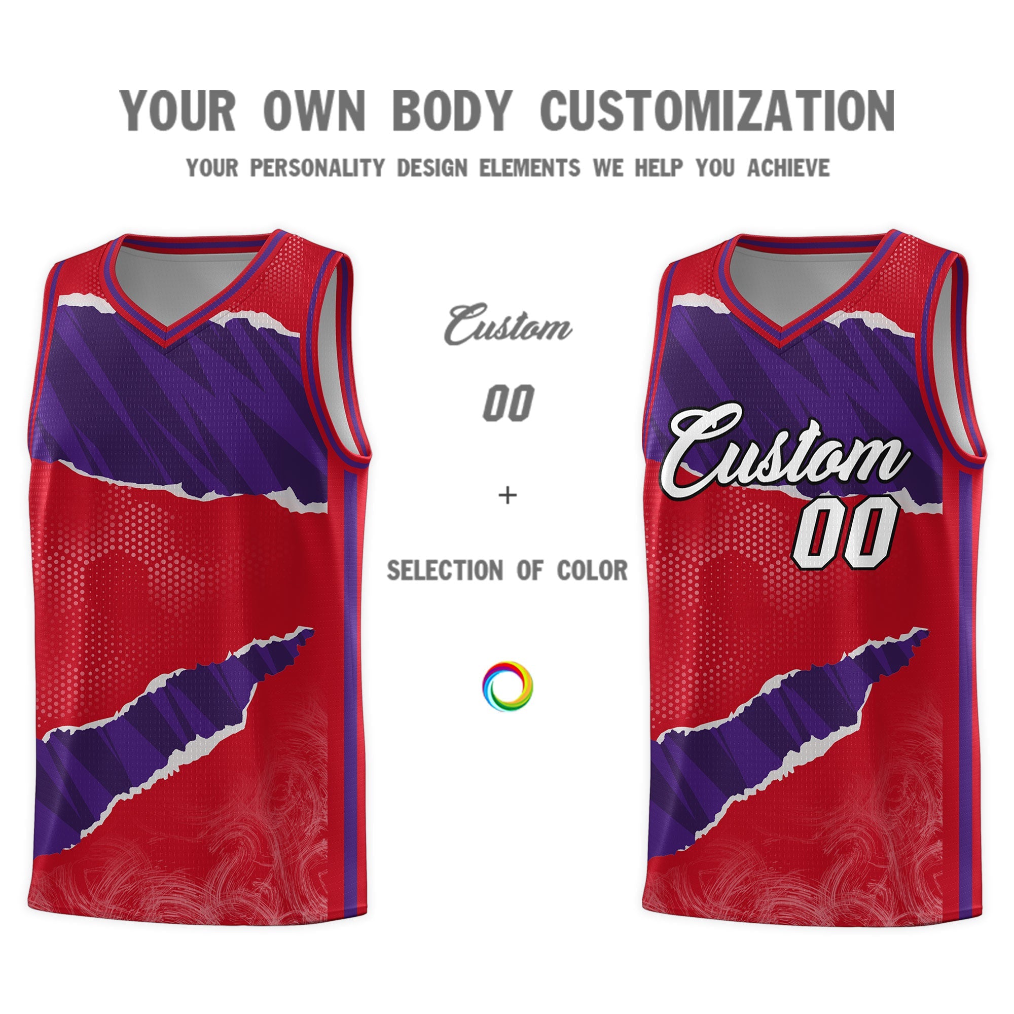 Custom Red Purple-Black Tear Graffiti Pattern Sports Uniform Basketball Jersey