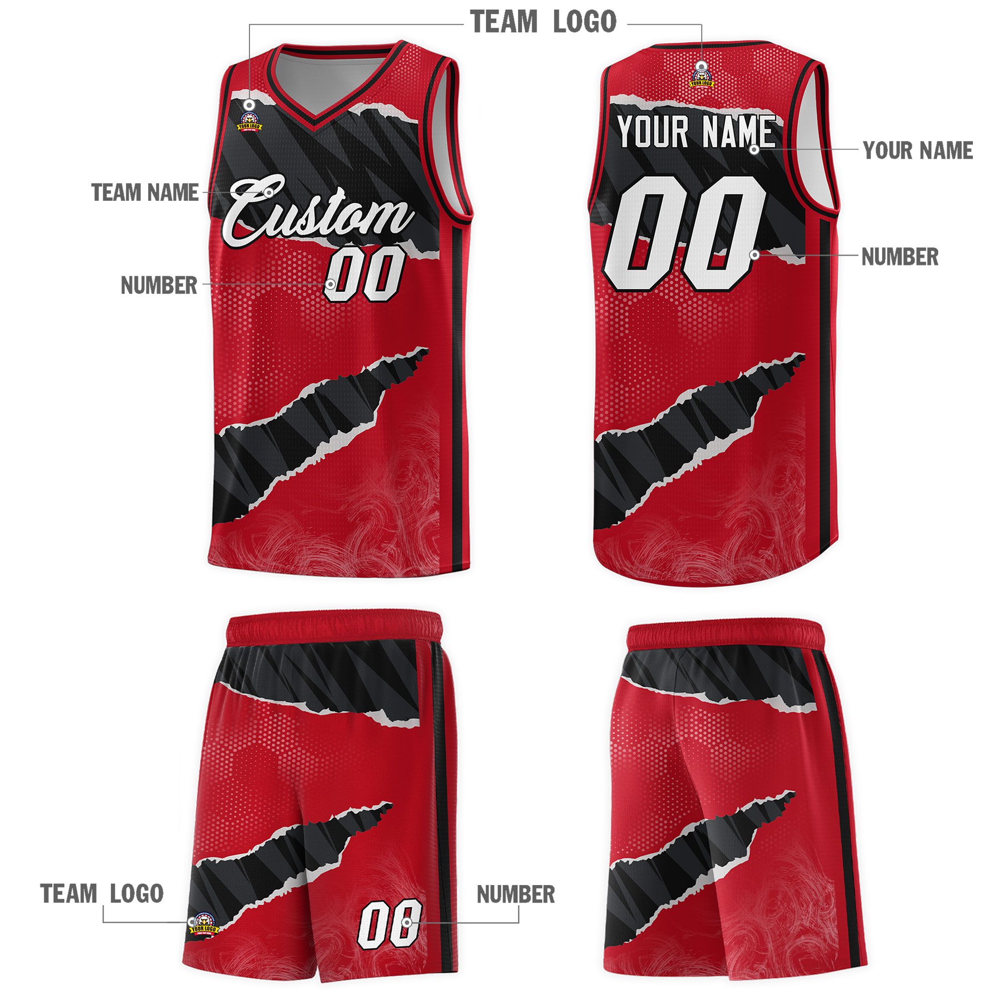 Custom Red Black-White Tear Graffiti Pattern Sports Uniform Basketball Jersey