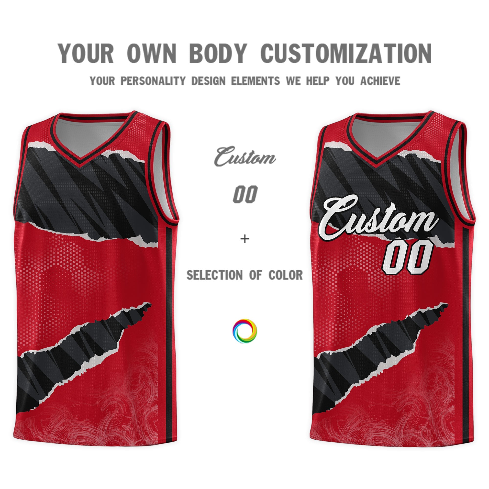 Custom Red Black-White Tear Graffiti Pattern Sports Uniform Basketball Jersey