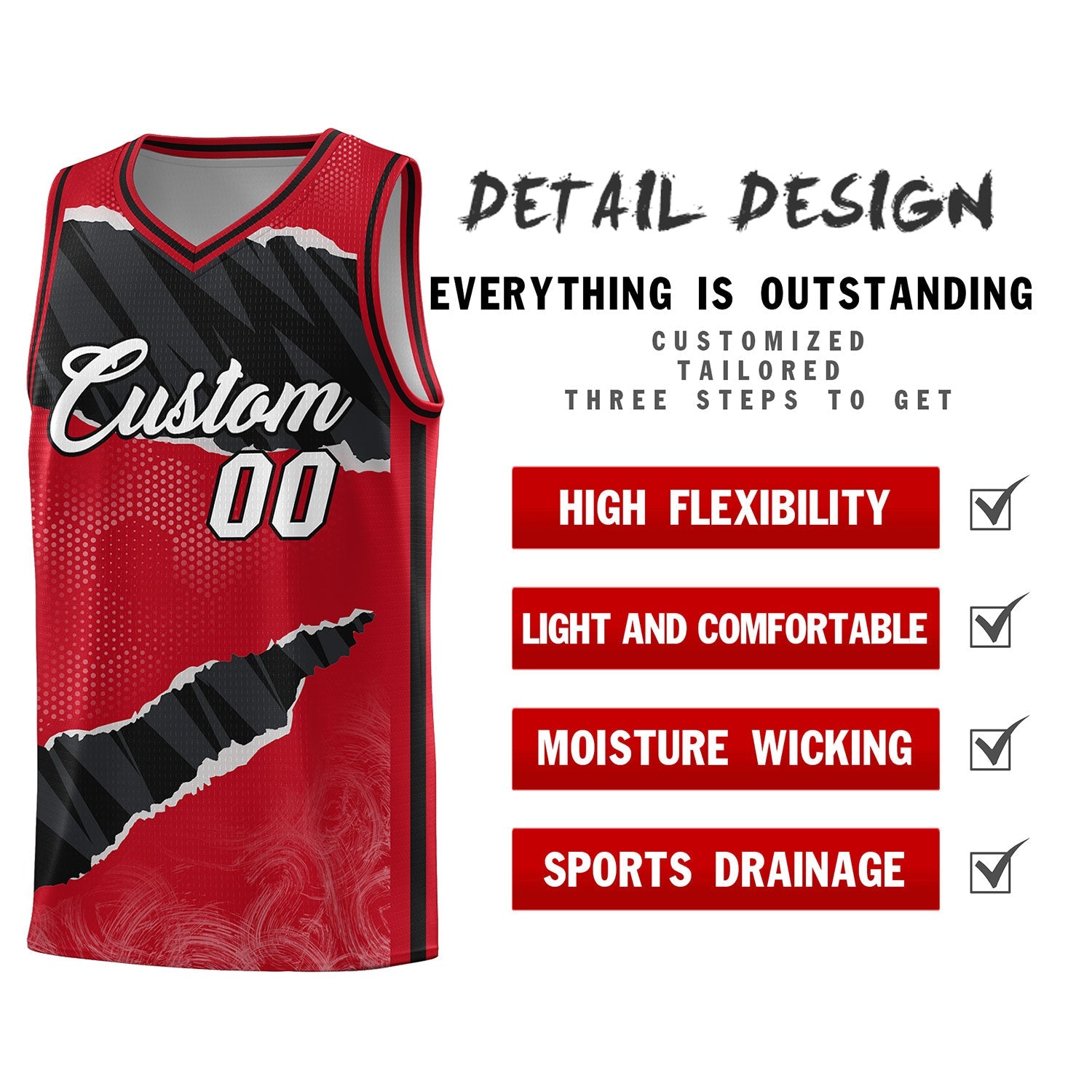 Custom Red Black-White Tear Graffiti Pattern Sports Uniform Basketball Jersey