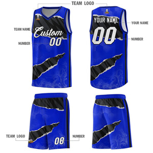 Custom Royal Black-White Tear Graffiti Pattern Sports Uniform Basketball Jersey