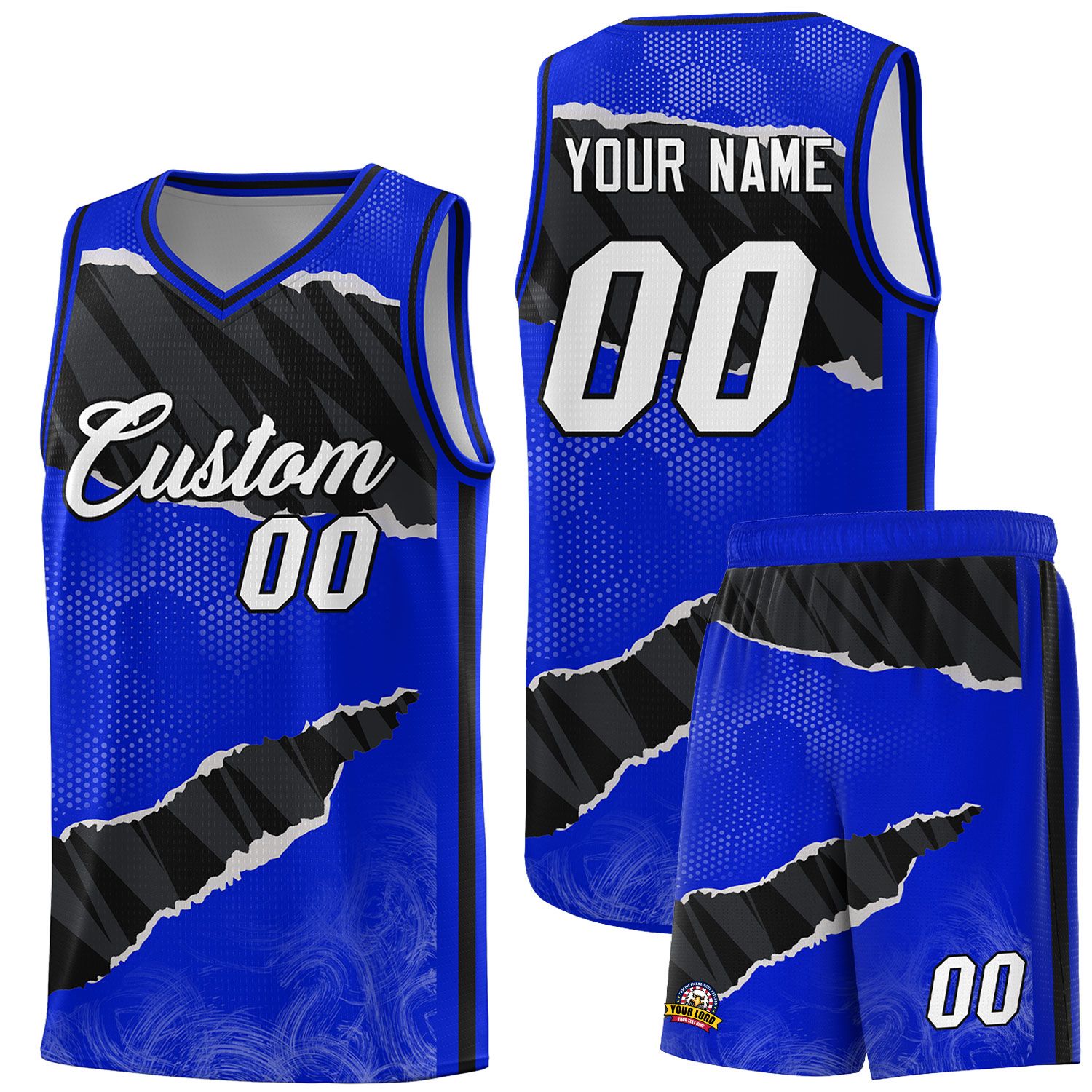 Custom Royal Black-White Tear Graffiti Pattern Sports Uniform Basketball Jersey