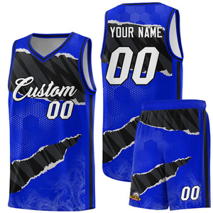 Custom Royal Black-White Tear Graffiti Pattern Sports Uniform Basketball Jersey