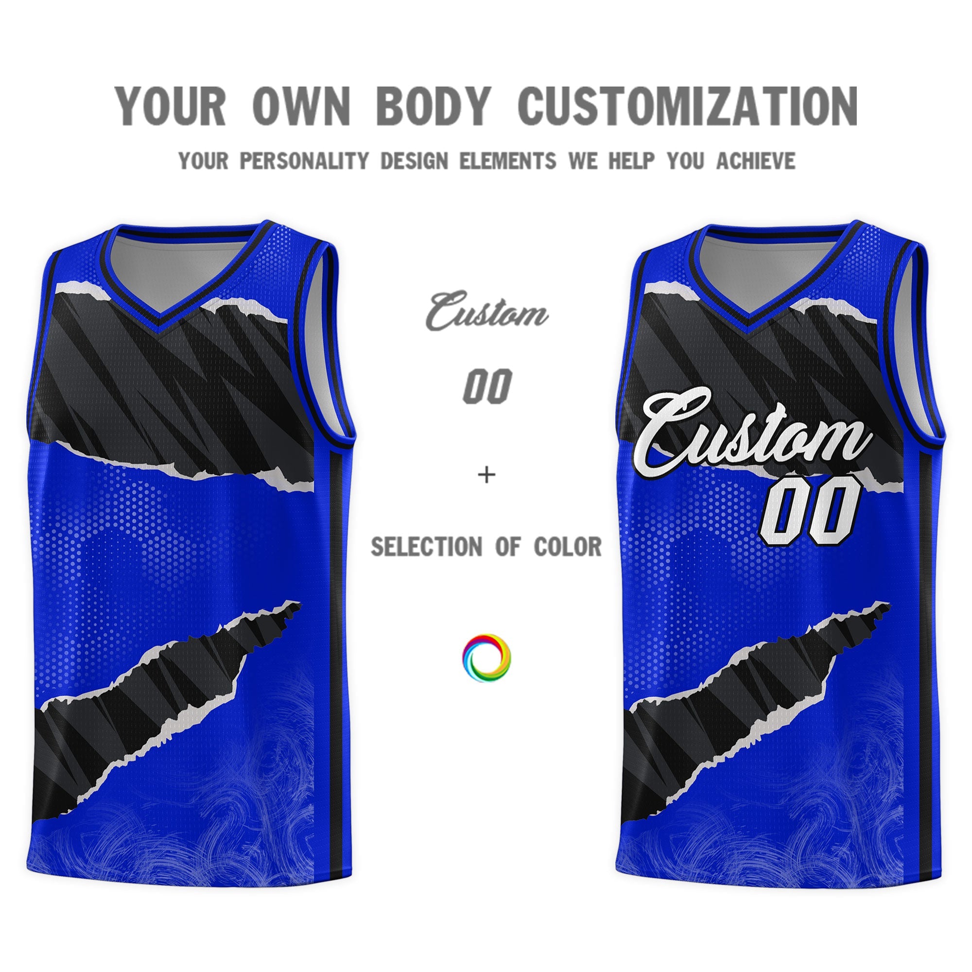 Custom Royal Black-White Tear Graffiti Pattern Sports Uniform Basketball Jersey