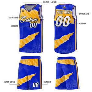 Custom Royal Gold-White Tear Graffiti Pattern Sports Uniform Basketball Jersey