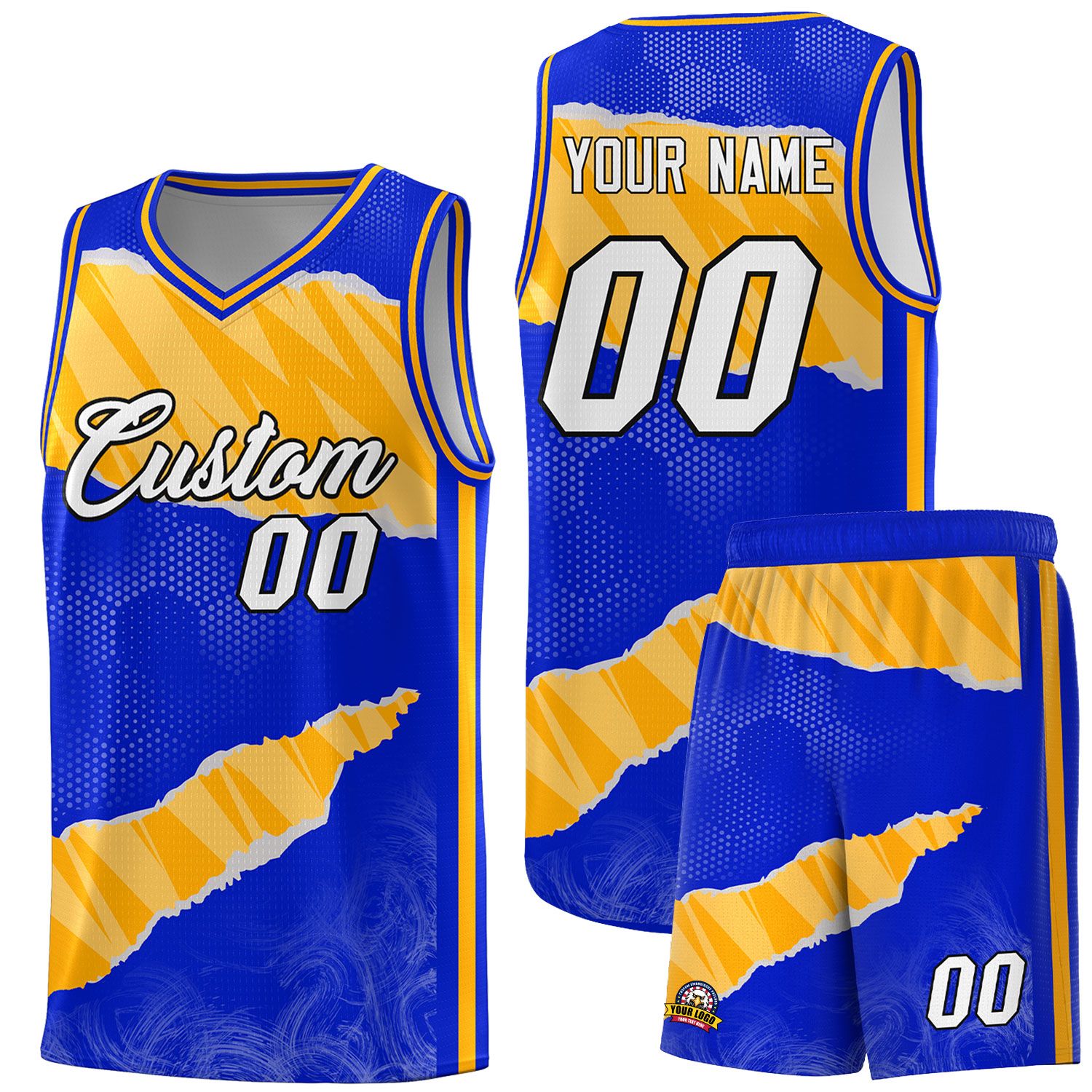 Custom Royal Gold-White Tear Graffiti Pattern Sports Uniform Basketball Jersey