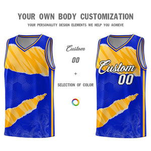 Custom Royal Gold-White Tear Graffiti Pattern Sports Uniform Basketball Jersey