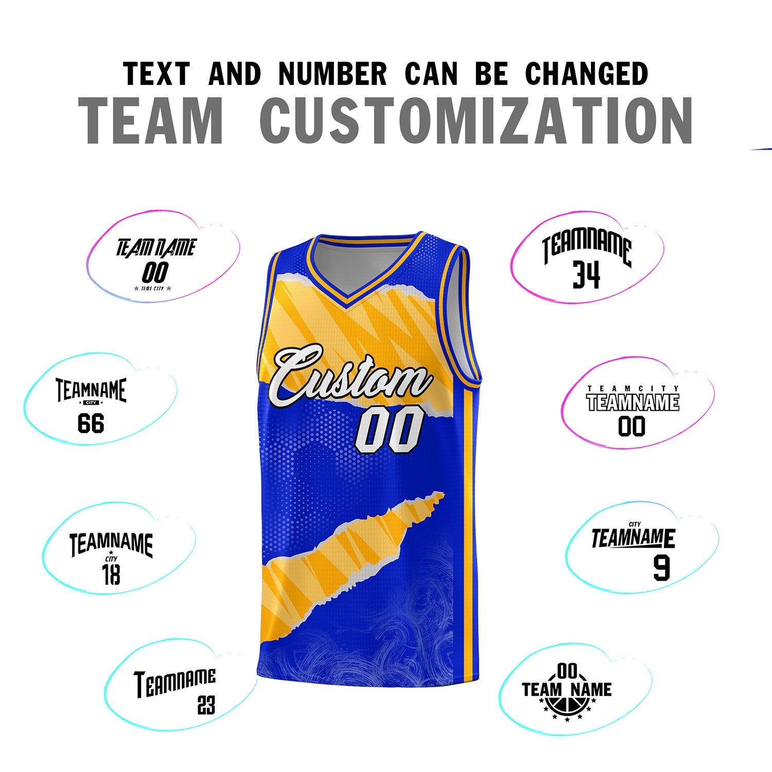 Custom Royal Gold-White Tear Graffiti Pattern Sports Uniform Basketball Jersey