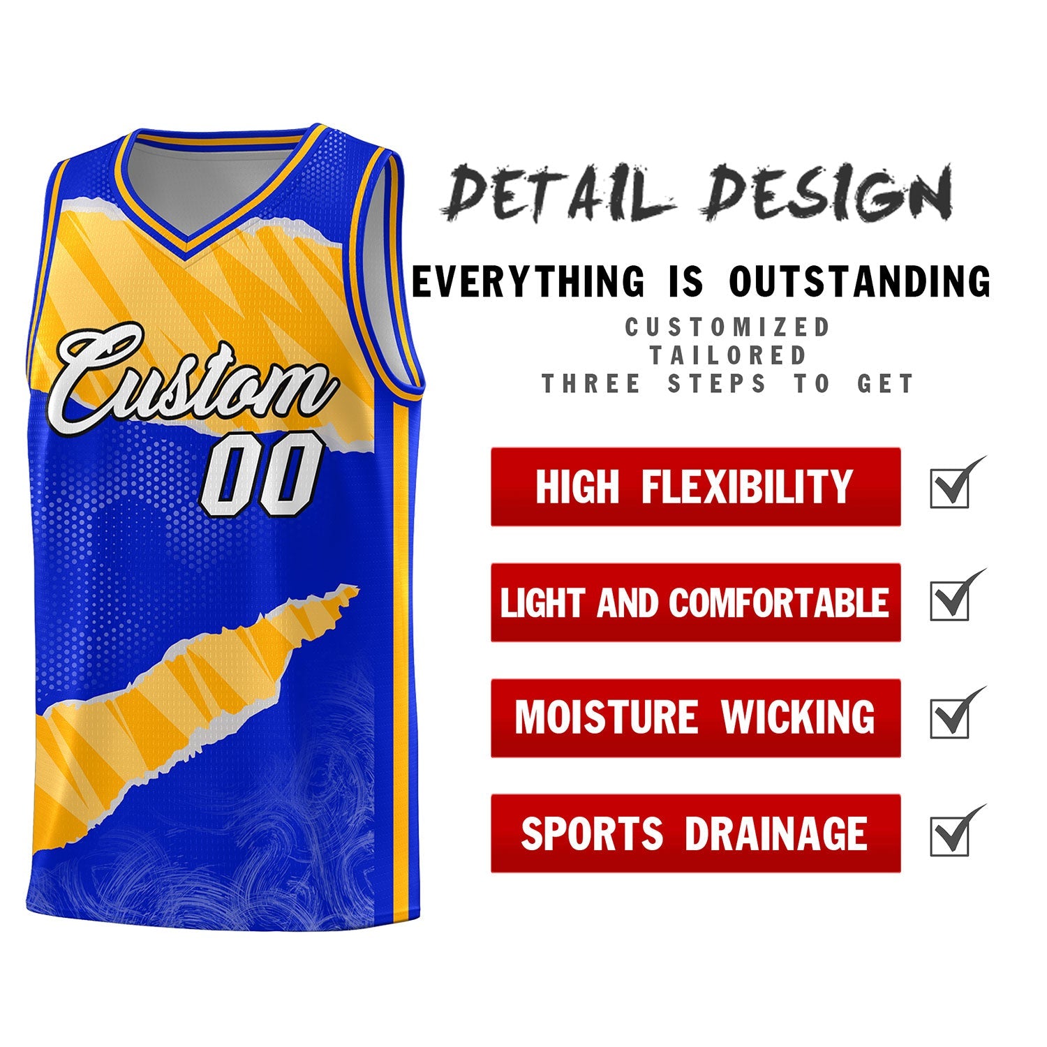 Custom Royal Gold-White Tear Graffiti Pattern Sports Uniform Basketball Jersey