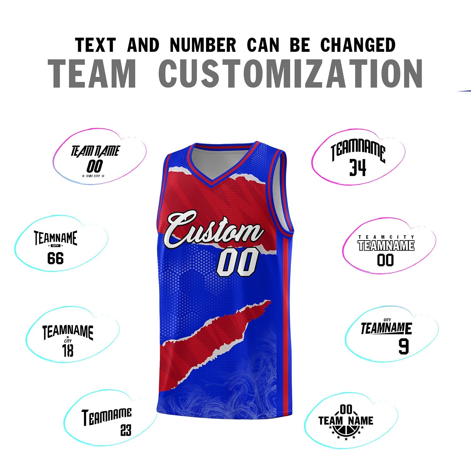 Custom Royal Red-Crimson Tear Graffiti Pattern Sports Uniform Basketball Jersey