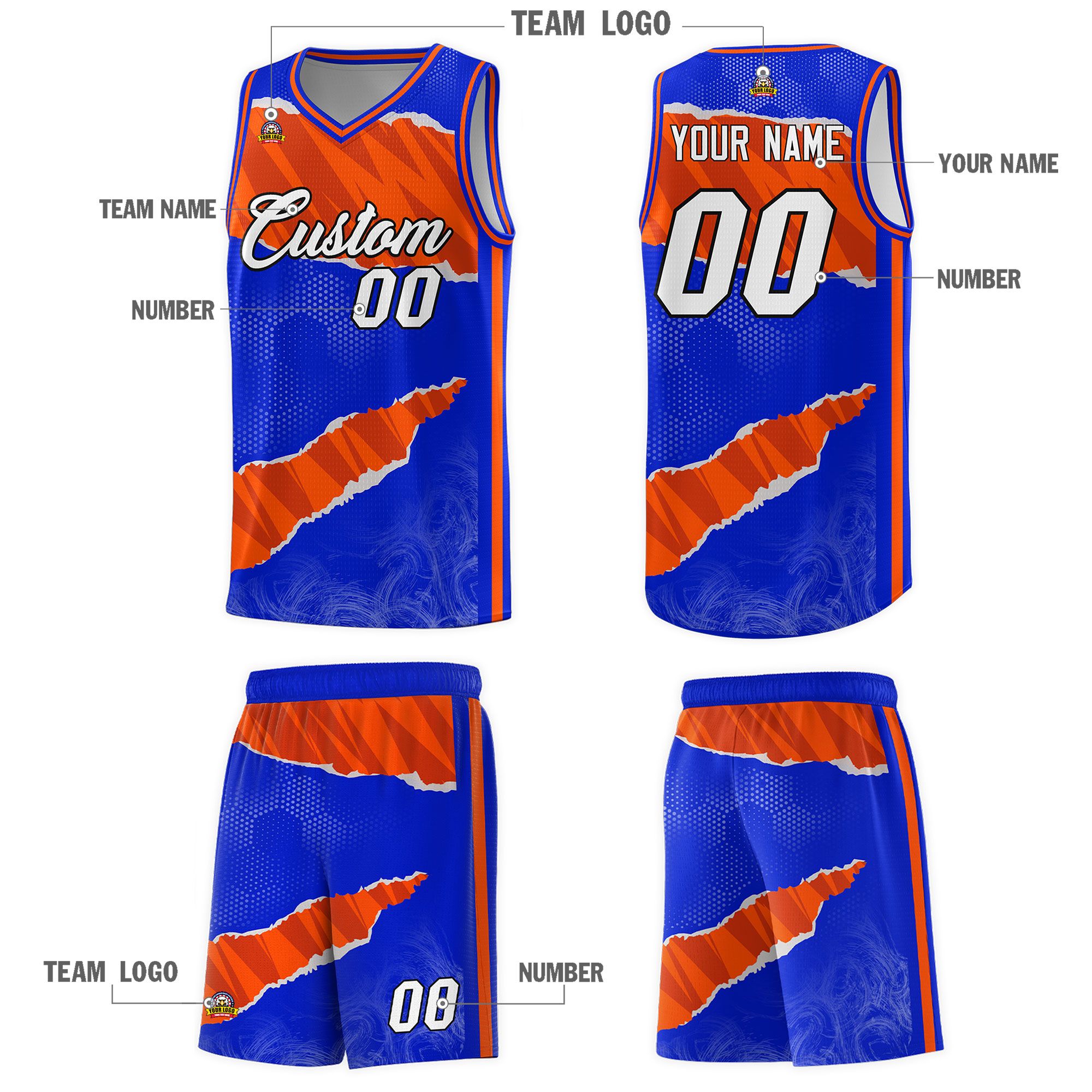 Custom Royal Orange-Black Tear Graffiti Pattern Sports Uniform Basketball Jersey