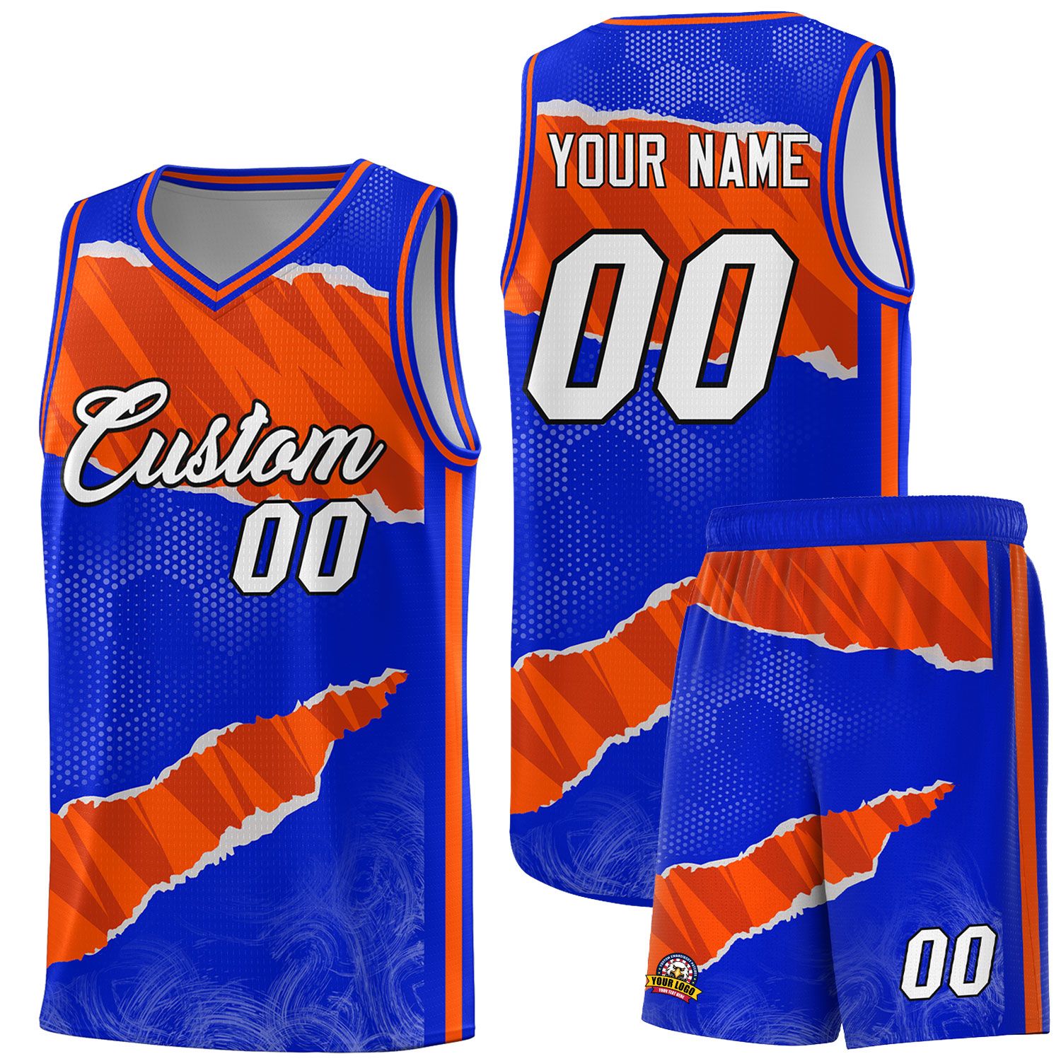 Custom Royal Orange-Black Tear Graffiti Pattern Sports Uniform Basketball Jersey