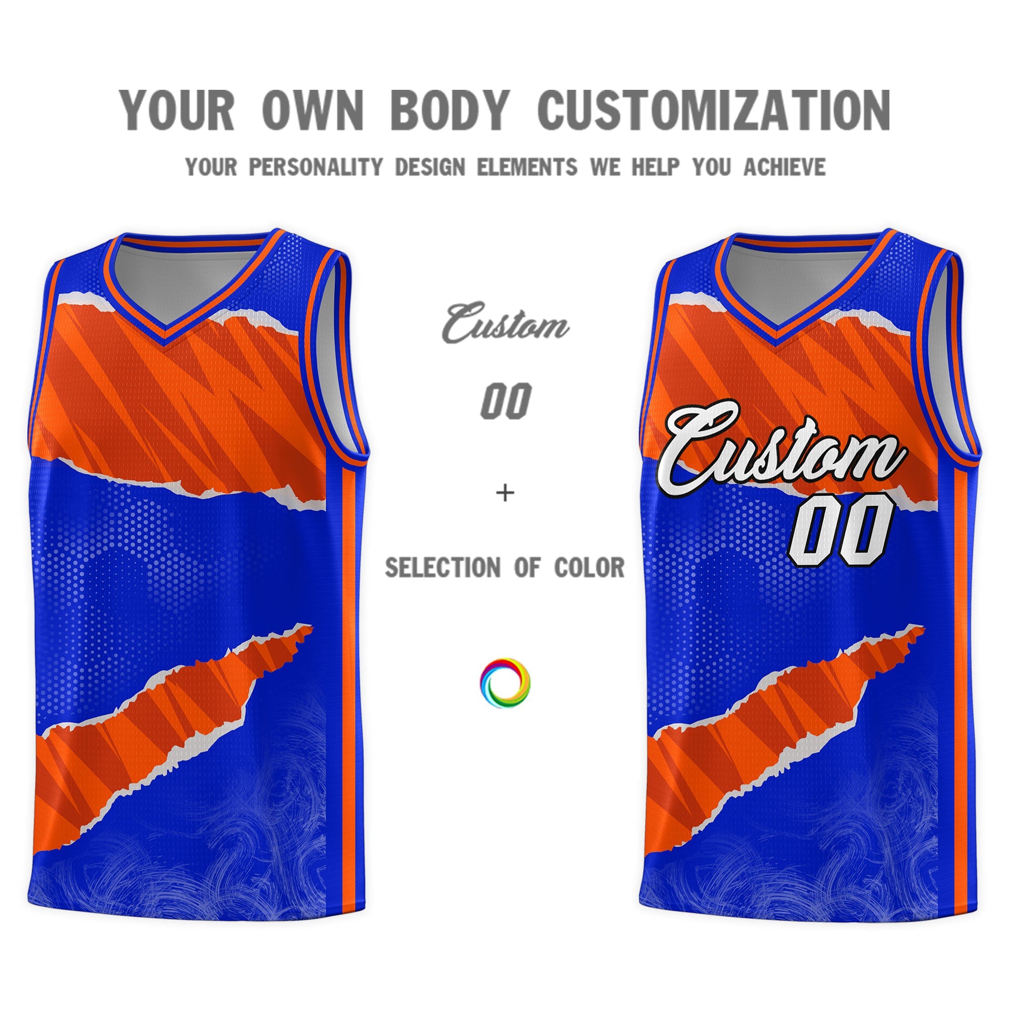 Custom Royal Orange-Black Tear Graffiti Pattern Sports Uniform Basketball Jersey