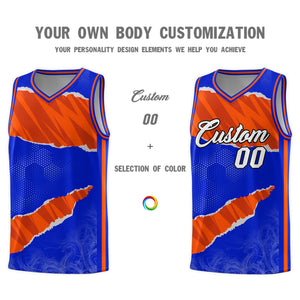 Custom Royal Orange-Black Tear Graffiti Pattern Sports Uniform Basketball Jersey