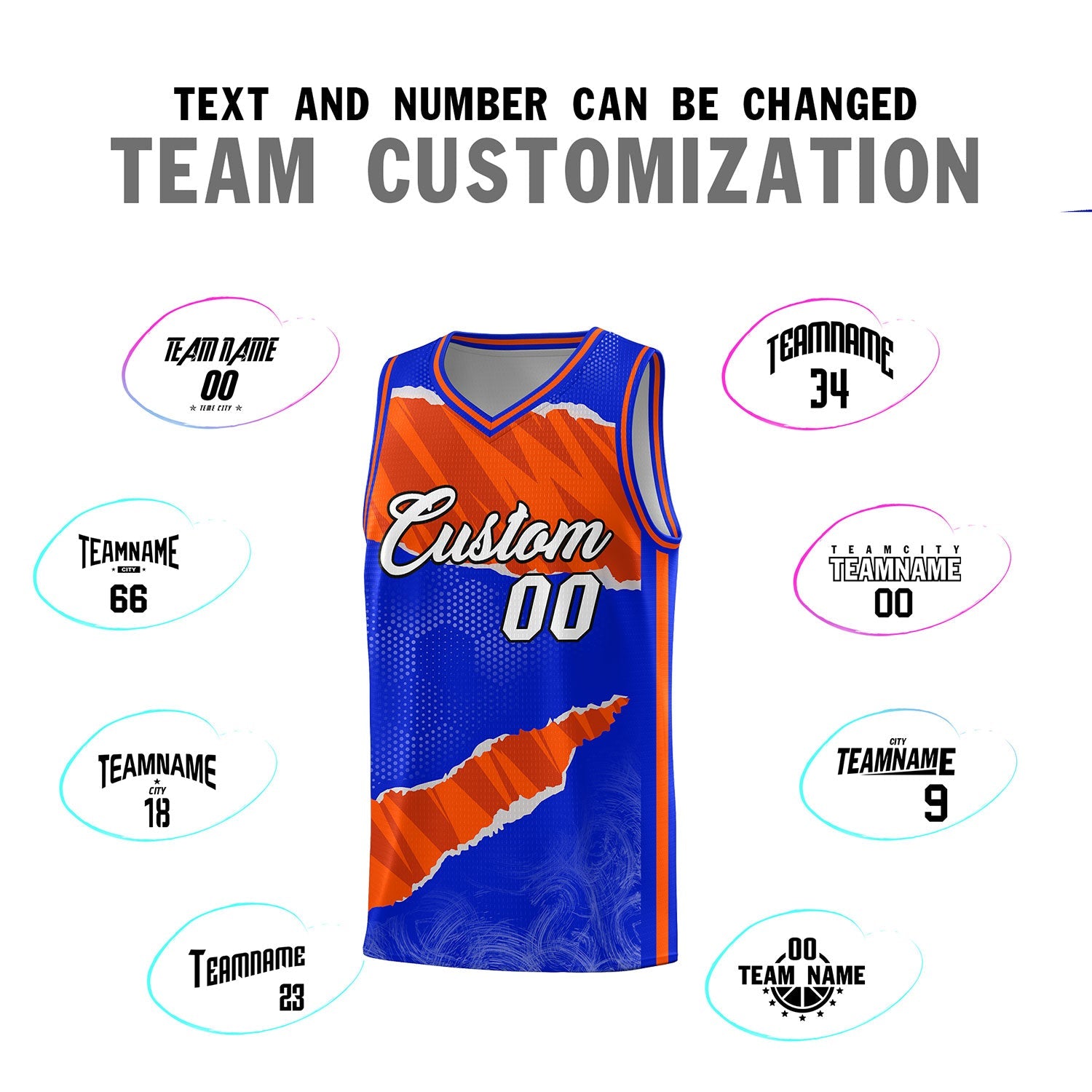 Custom Royal Orange-Black Tear Graffiti Pattern Sports Uniform Basketball Jersey