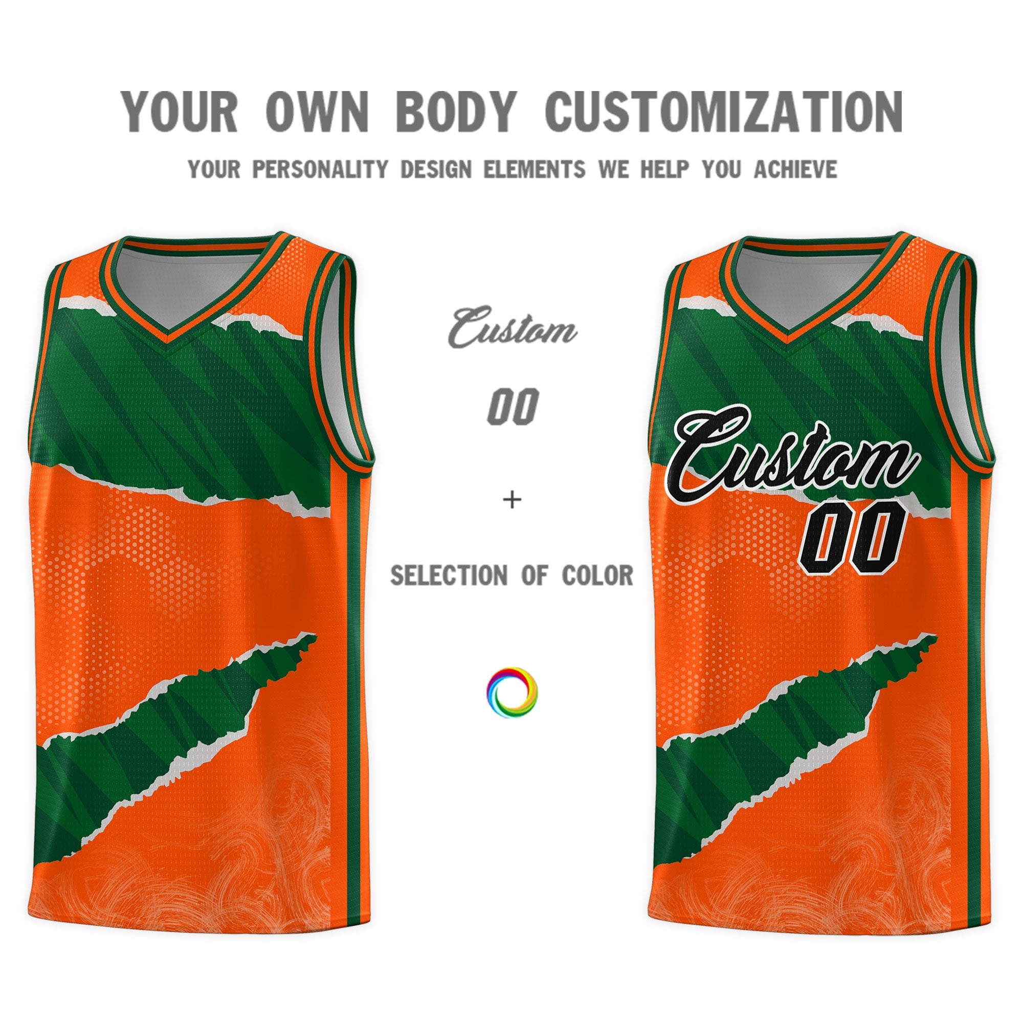 Custom Orange Green-Black Tear Graffiti Pattern Sports Uniform Basketball Jersey