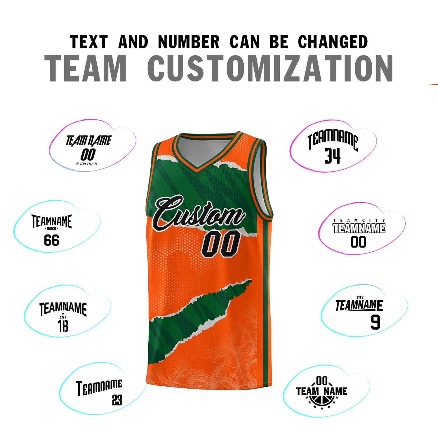 Custom Orange Green-Black Tear Graffiti Pattern Sports Uniform Basketball Jersey