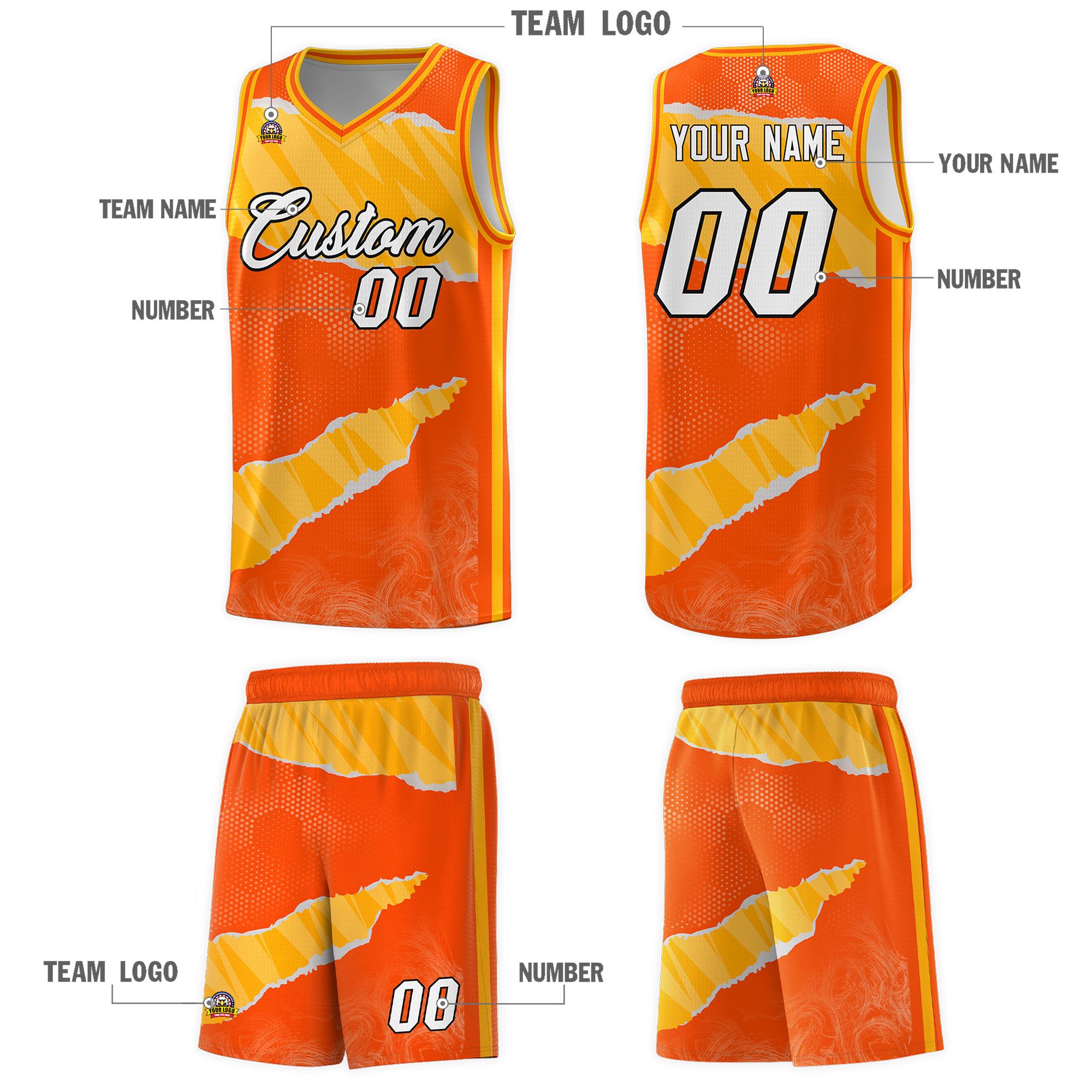 Custom Orange Yellow-White Tear Graffiti Pattern Sports Uniform Basketball Jersey