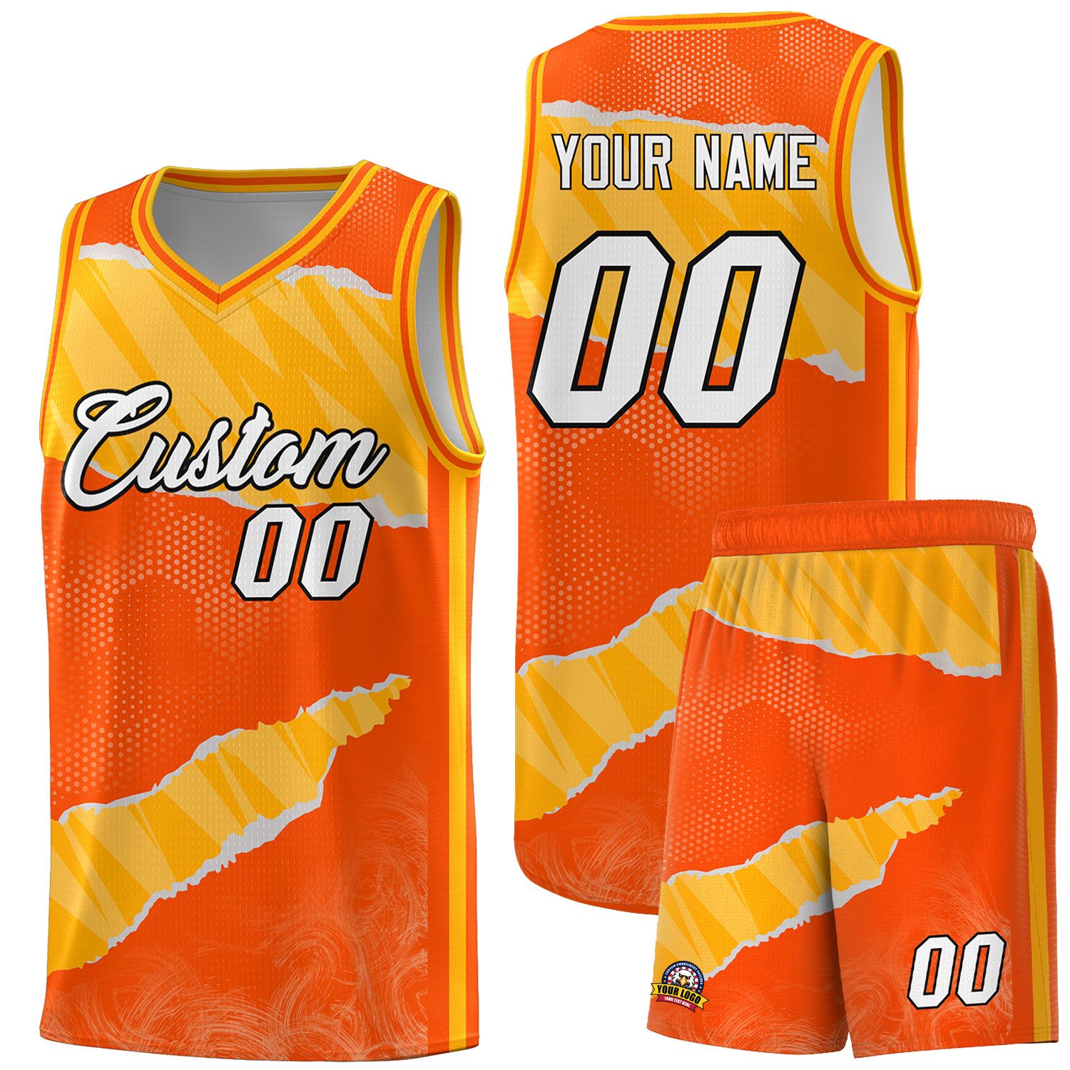 Custom Orange Yellow-White Tear Graffiti Pattern Sports Uniform Basketball Jersey