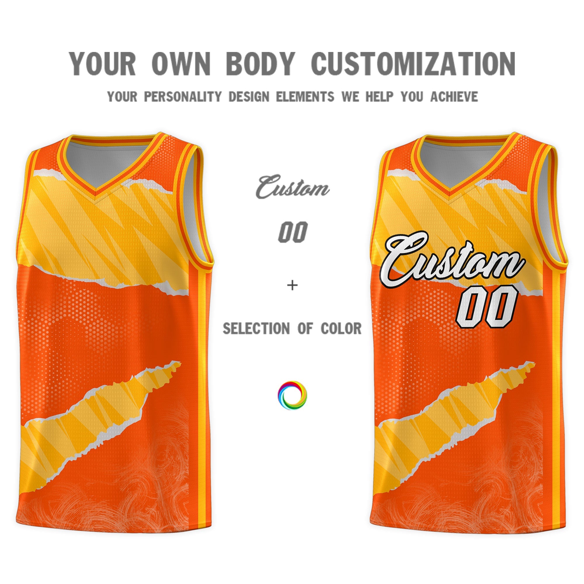 Custom Orange Yellow-White Tear Graffiti Pattern Sports Uniform Basketball Jersey