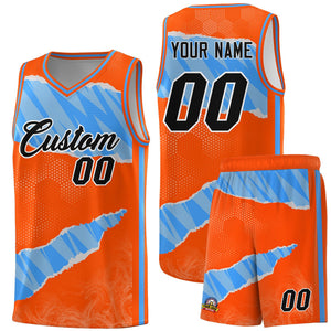 Custom Orange Light Blue-White Tear Graffiti Pattern Sports Uniform Basketball Jersey