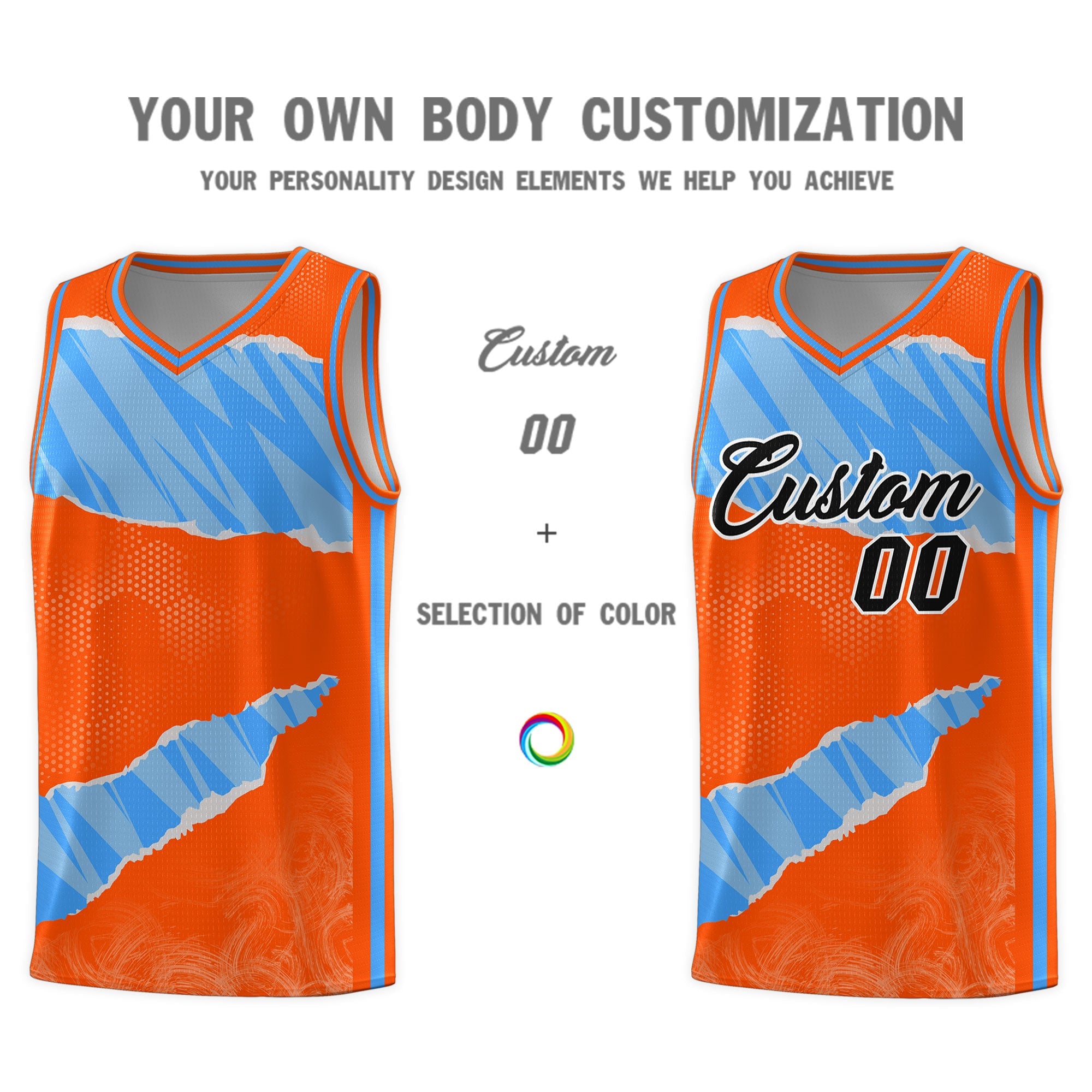 Custom Orange Light Blue-White Tear Graffiti Pattern Sports Uniform Basketball Jersey