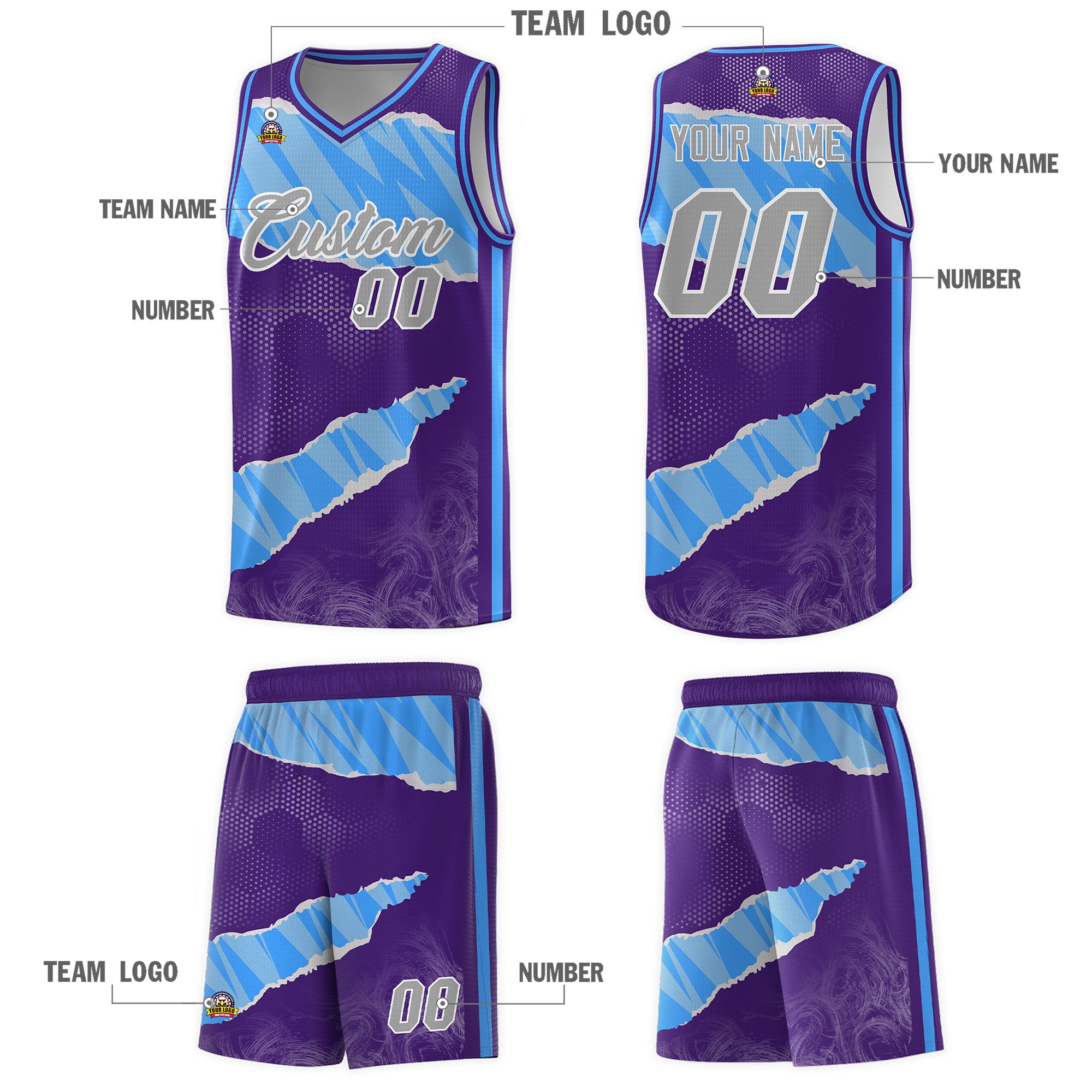 Custom Purple Light Blue-White Tear Graffiti Pattern Sports Uniform Basketball Jersey