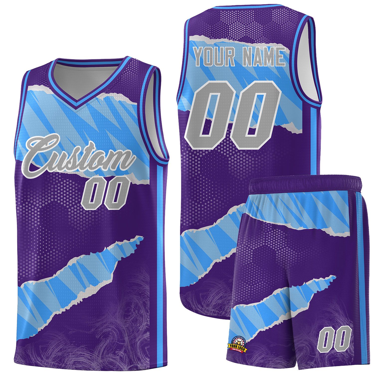 Custom Purple Light Blue-White Tear Graffiti Pattern Sports Uniform Basketball Jersey