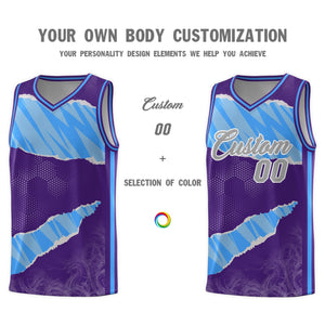 Custom Purple Light Blue-White Tear Graffiti Pattern Sports Uniform Basketball Jersey