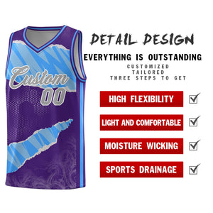 Custom Purple Light Blue-White Tear Graffiti Pattern Sports Uniform Basketball Jersey