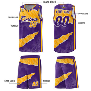 Custom Purple Yellow-White Tear Graffiti Pattern Sports Uniform Basketball Jersey