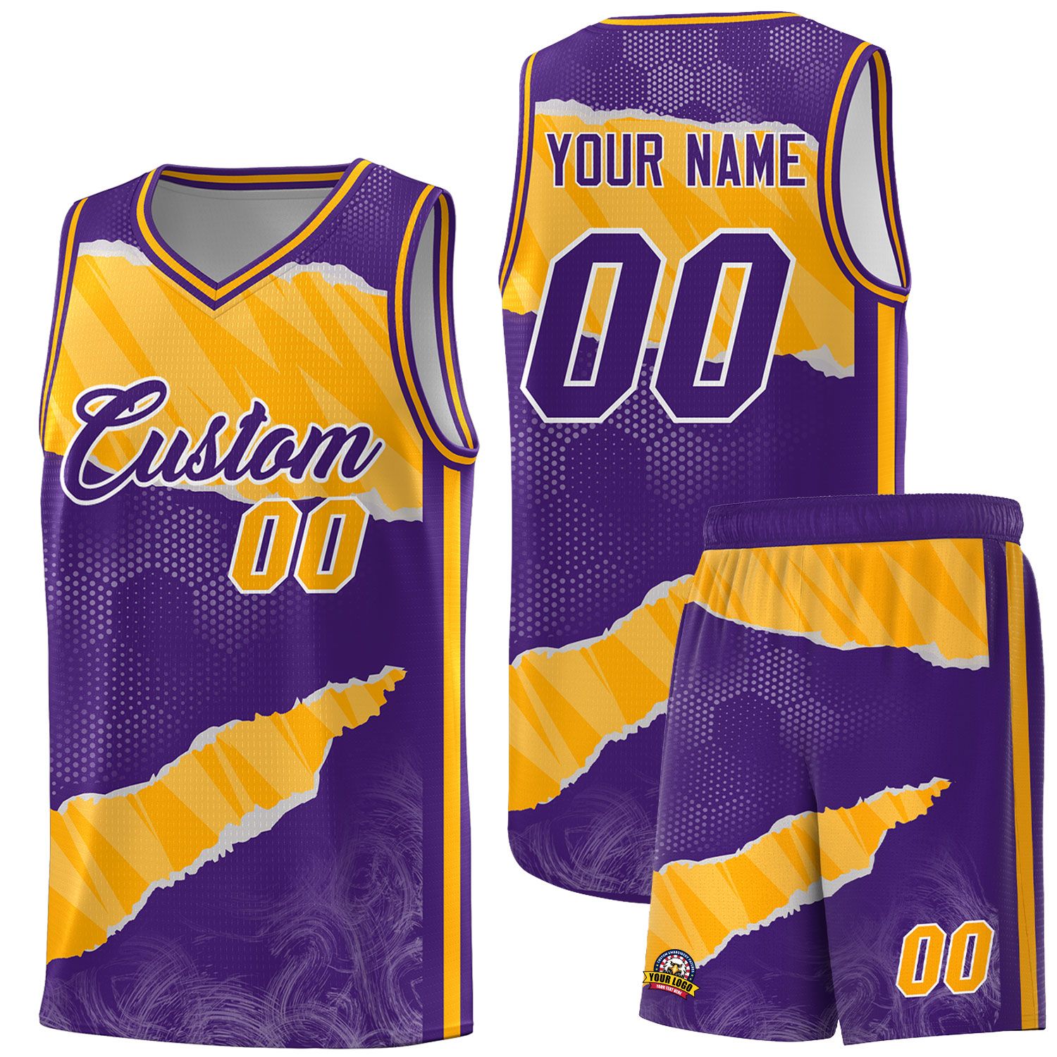 Custom Purple Yellow-White Tear Graffiti Pattern Sports Uniform Basketball Jersey