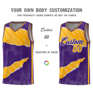 Custom Purple Yellow-White Tear Graffiti Pattern Sports Uniform Basketball Jersey