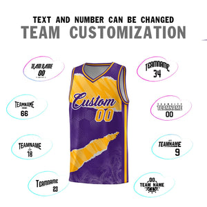 Custom Purple Yellow-White Tear Graffiti Pattern Sports Uniform Basketball Jersey